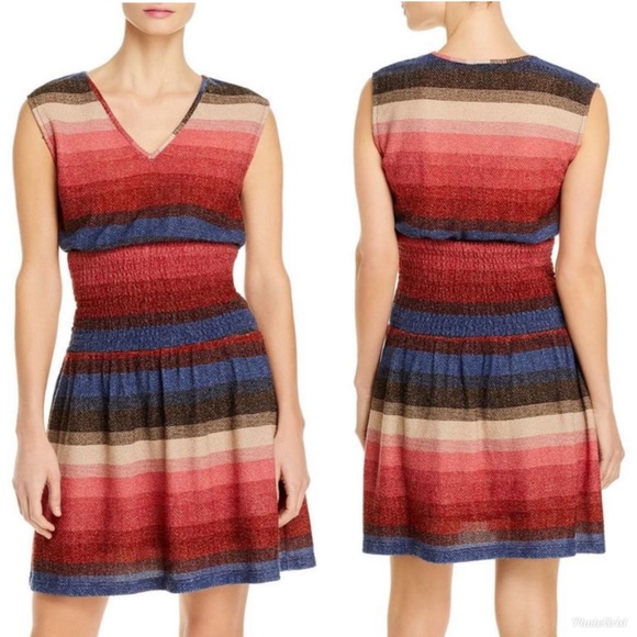 Aqua Smocked Red Striped Mini Sweater Dress Short Sleeve V-neck - Picture 1 of 6